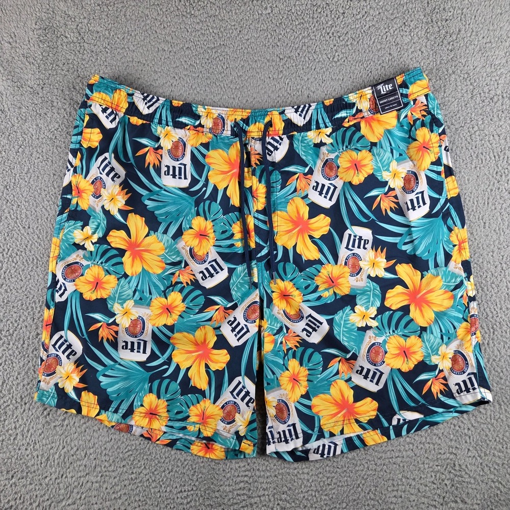 Miller Lite Floral Swim Trunk‎ Shorts Mens 3XLT Green Hawaiian Floral